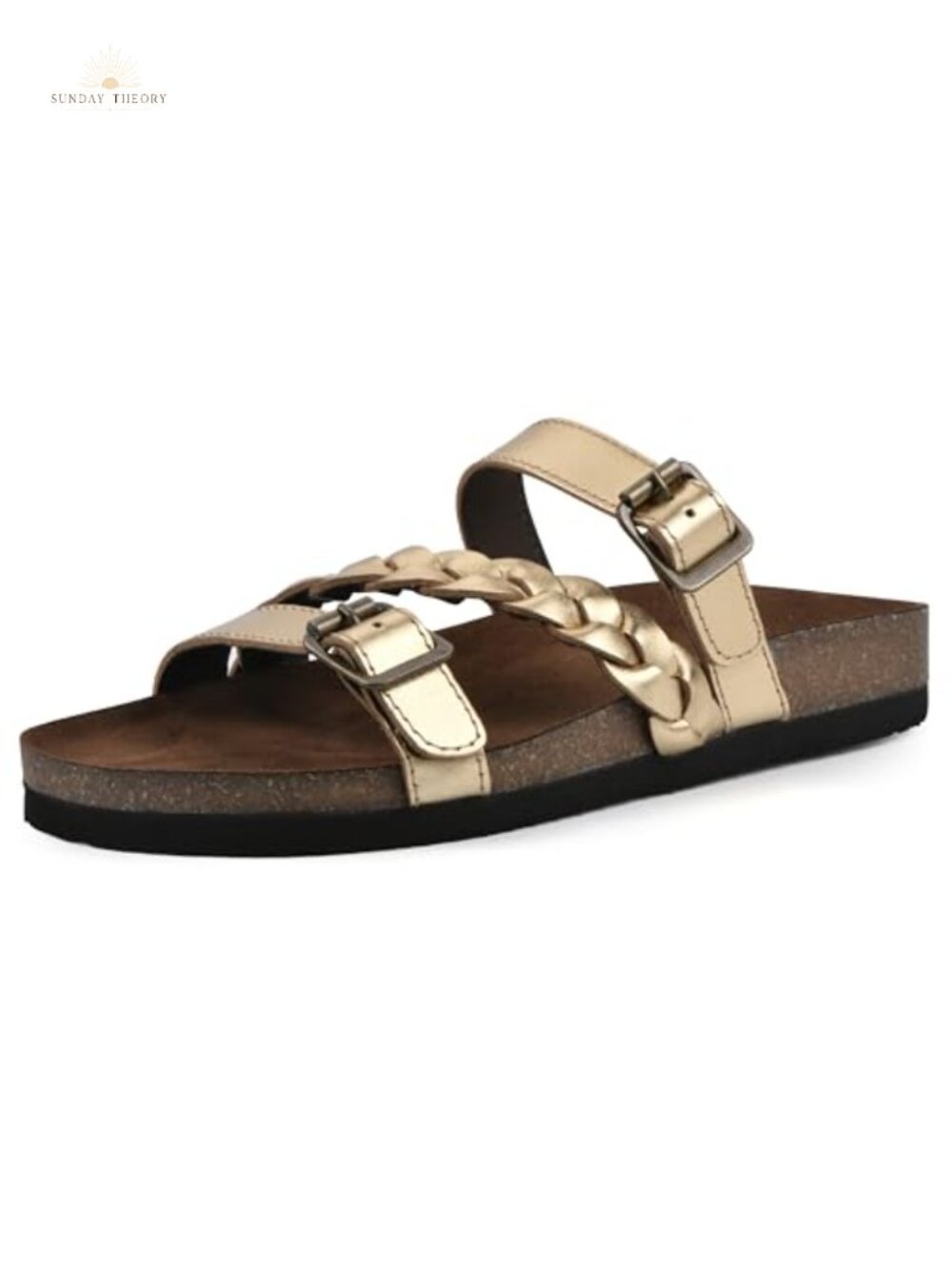 Women's Leather Slide Sandals with Contoured Footbed and Double Buckle